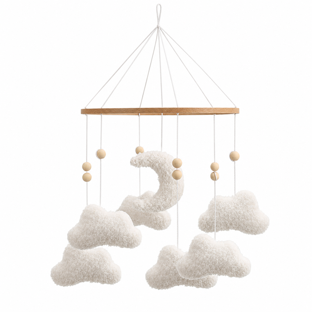 Móvil bebé nubes de madera y tela para cuna, ambiente tranquilo y decorativo