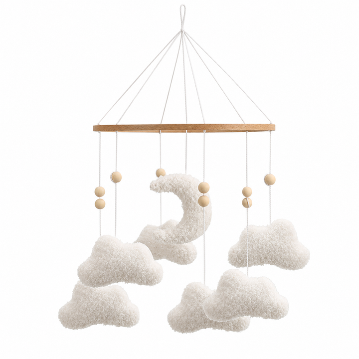 Móvil bebé nubes de madera y tela para cuna, ambiente tranquilo y decorativo