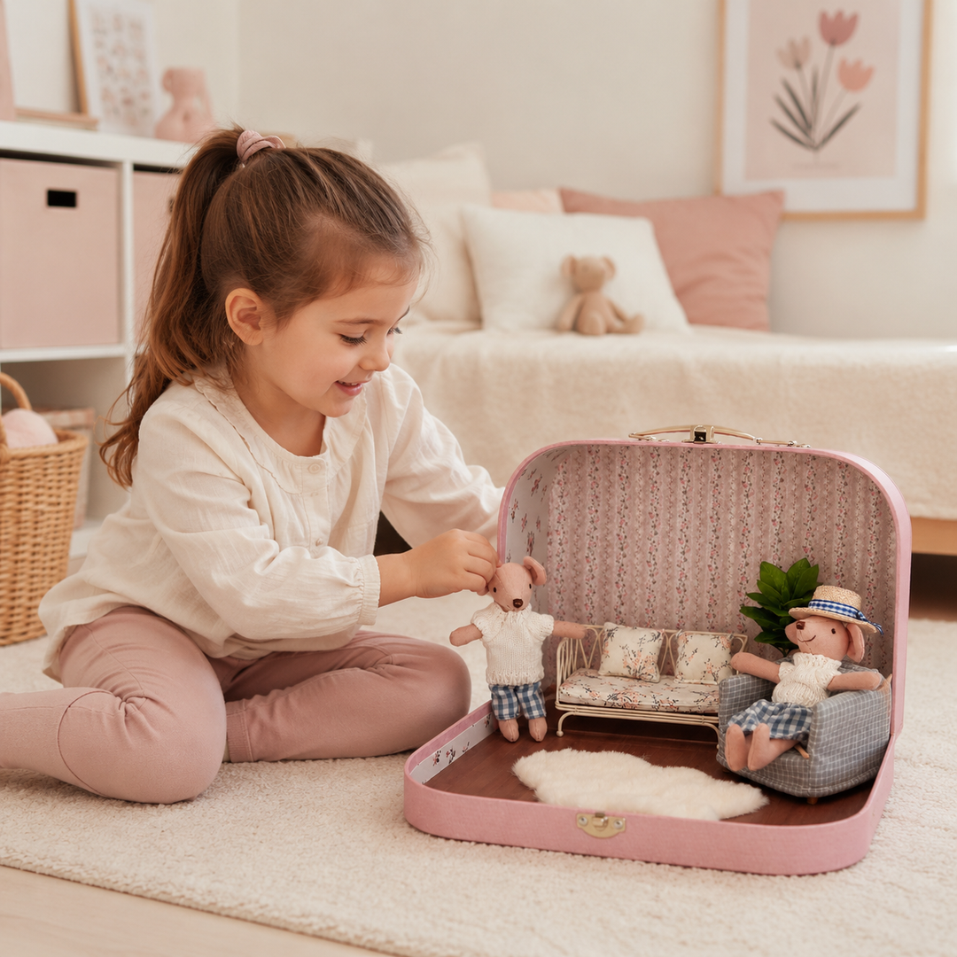 Set de sala de estar de ratoncitos en maleta de tela, juego simbólico para niños