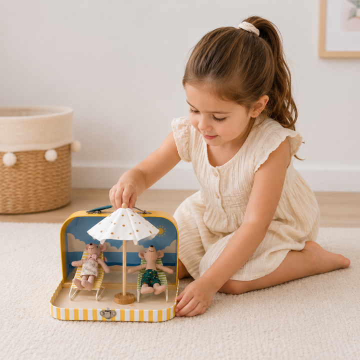 Set de playa de ratoncitos en maleta de tela, juego simbólico para niños