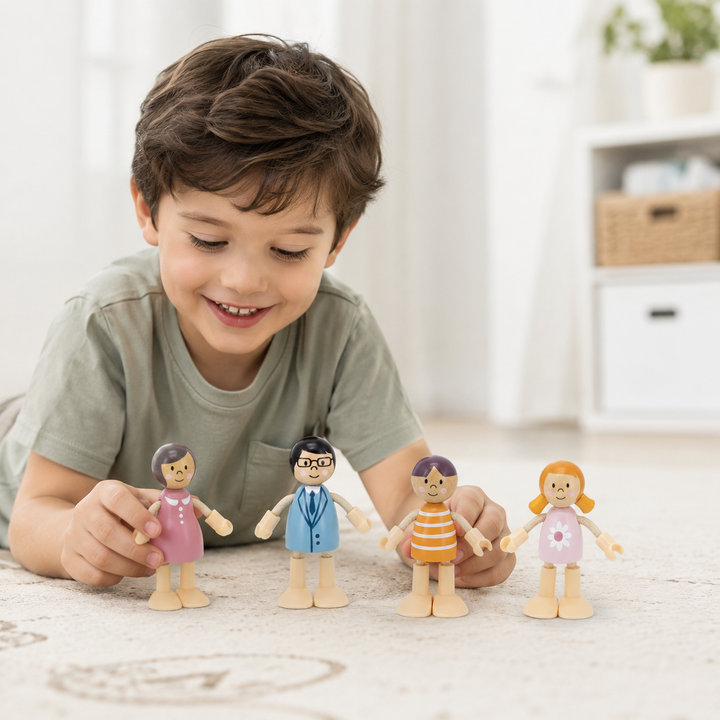 Familia de muñecos flexibles de madera para casa de muñecas, juguete Roots Toys