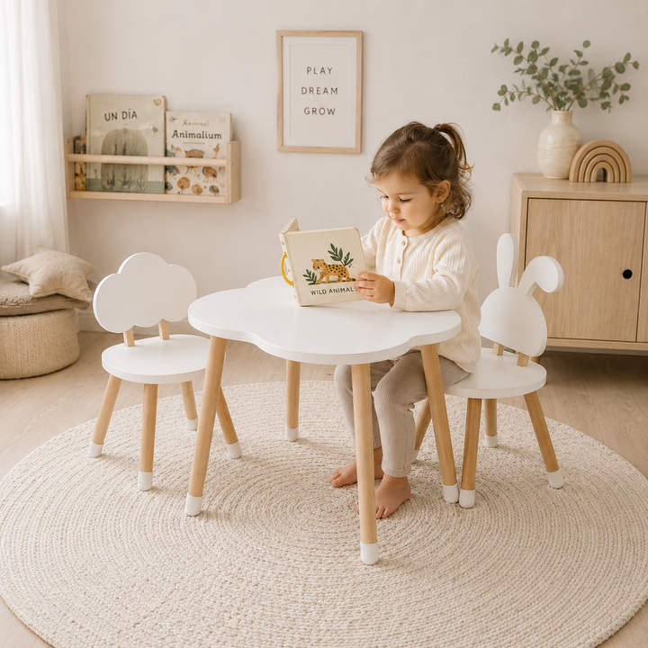 Set de mesa y 2 sillas infantiles de madera nube y conejo estilo Montessori