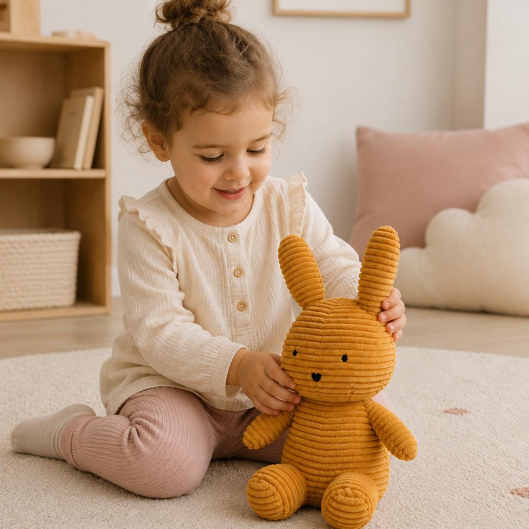 Peluche conejo color mostaza de corduroy suave para bebé, diseño nórdico