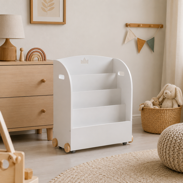 Librero infantil de madera blanco con ruedas estilo Montessori para niños
