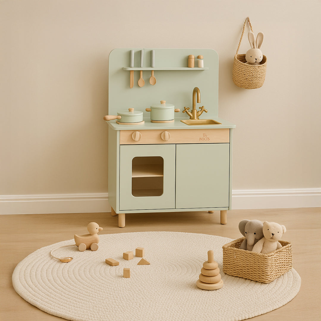 Cocina de juguete verde de madera estilo Montessori para niños