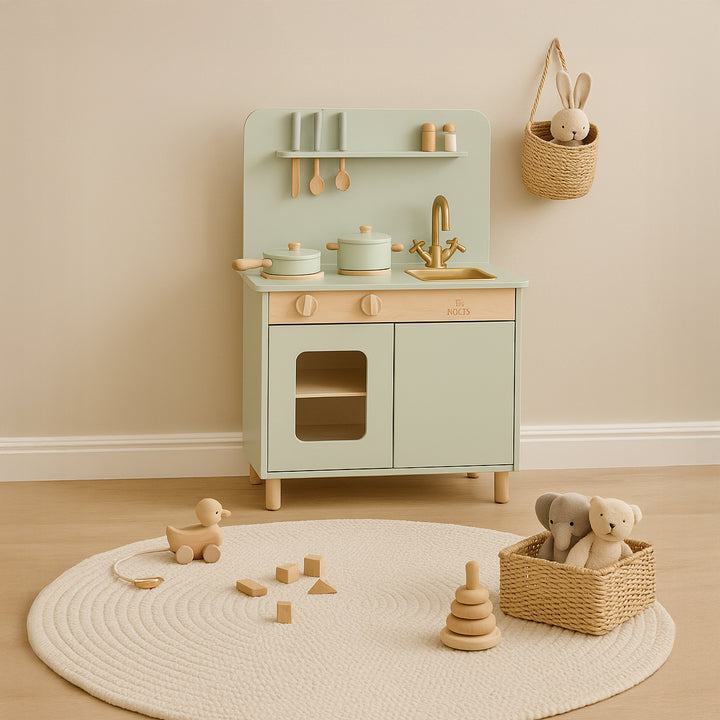 Cocina de juguete verde de madera estilo Montessori para niños