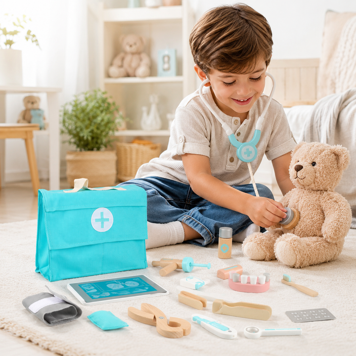 Set de doctor de madera para niños con botiquín y accesorios, juego de rol