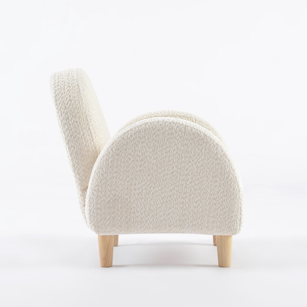 Sillón para niños pequeño vista lateral tapizado en blanco, mueble infantil cómodo y decorativo