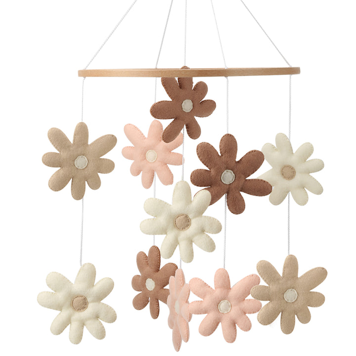 Móvil de flores de madera y tela para cuna, estimula la visión del bebé