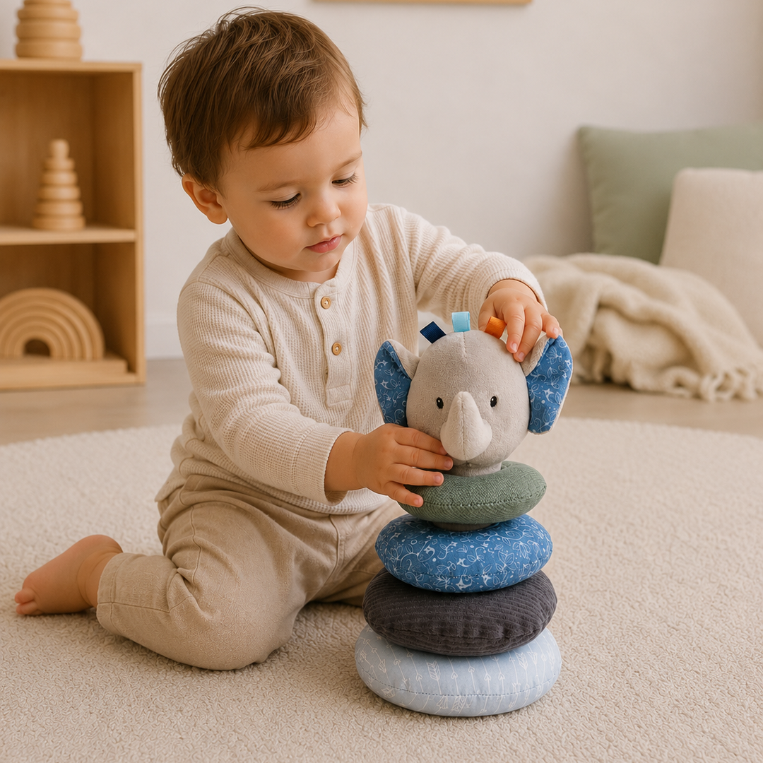 Elefante de peluche apilable con aros de tela suave, juguete de motricidad para bebés