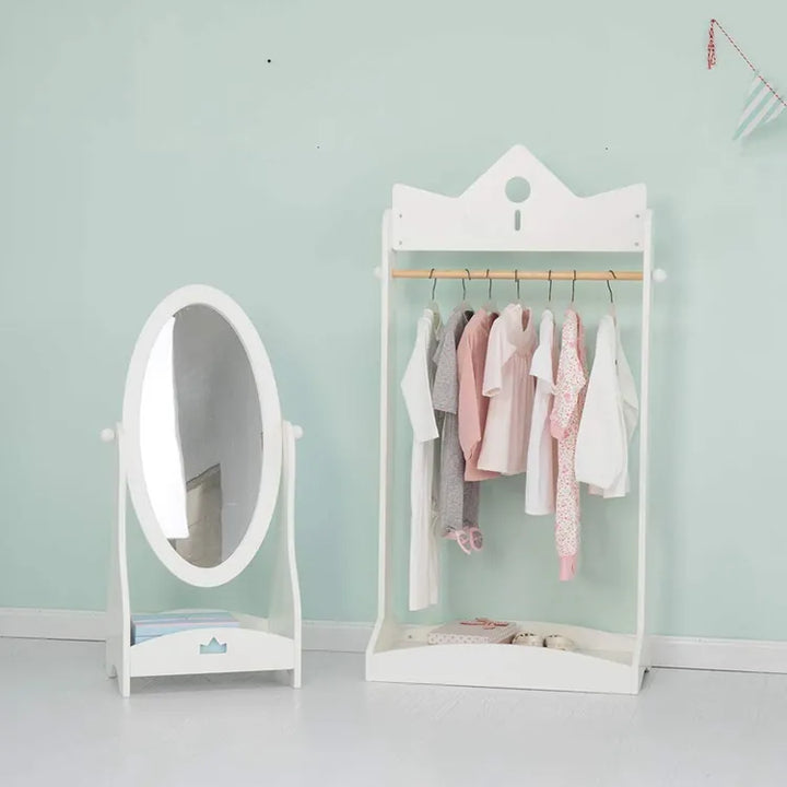 Perchero para ropa de niños y espejo de pie blanco con diseño de corona, muebles organizadores de madera