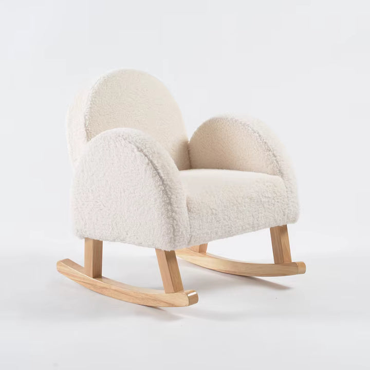 Silla mecedora infantil blanca con base de madera natural, poltrona tipo chiporro para niños con diseño nórdico