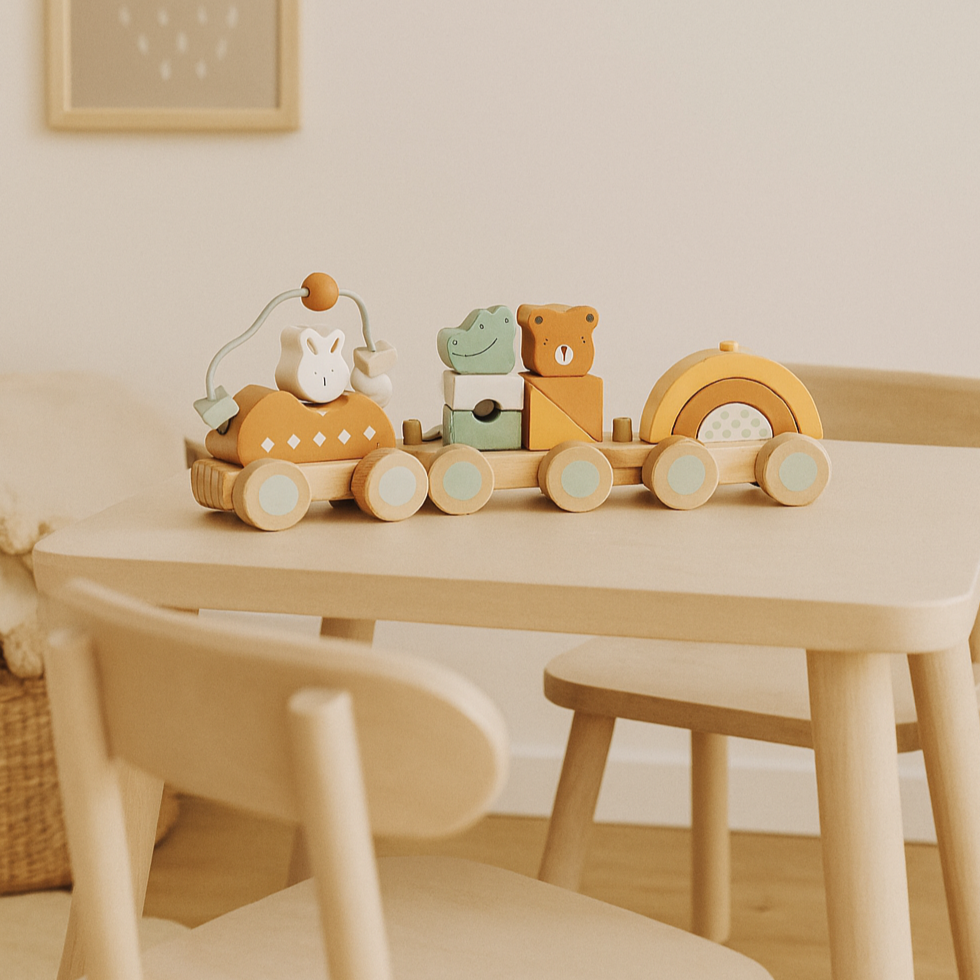 Niño jugando con tren de madera de bloques apilables de Roots Toys