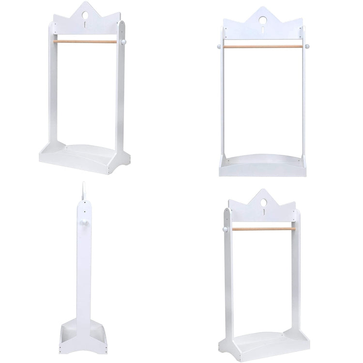 Perchero infantil de madera blanco con diseño de corona, vistas frontales y laterales de organizador de ropa para niños