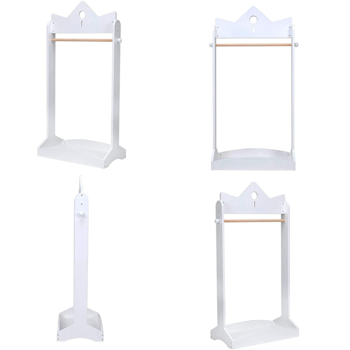 Perchero infantil de madera blanco con diseño de corona, vistas frontales y laterales de organizador de ropa para niños