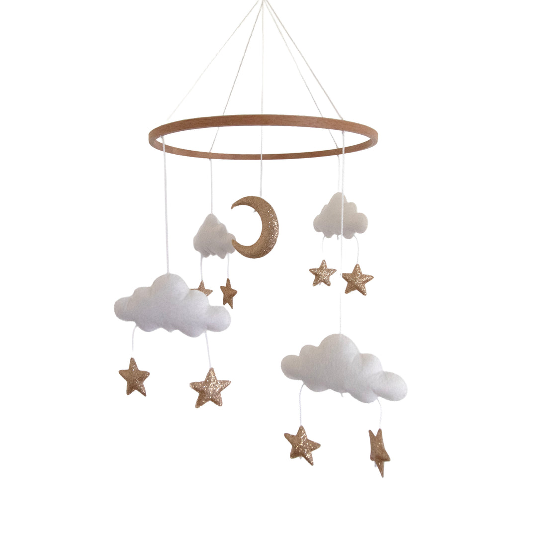 Móvil de nubes, luna y estrellas doradas de madera y tela para cuna de bebé