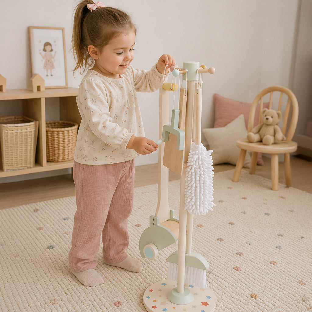 Set de limpieza de madera Montessori para niños con escoba, trapero y accesorios