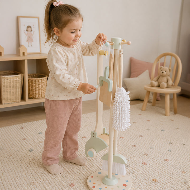 Set de limpieza de madera Montessori para niños con escoba, trapero y accesorios