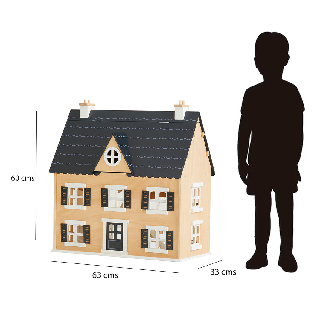 Diagrama de casa de muñecas de madera con dimensiones: 60 cm (alto) x 63 cm (ancho) x 33 cm (profundidad).
