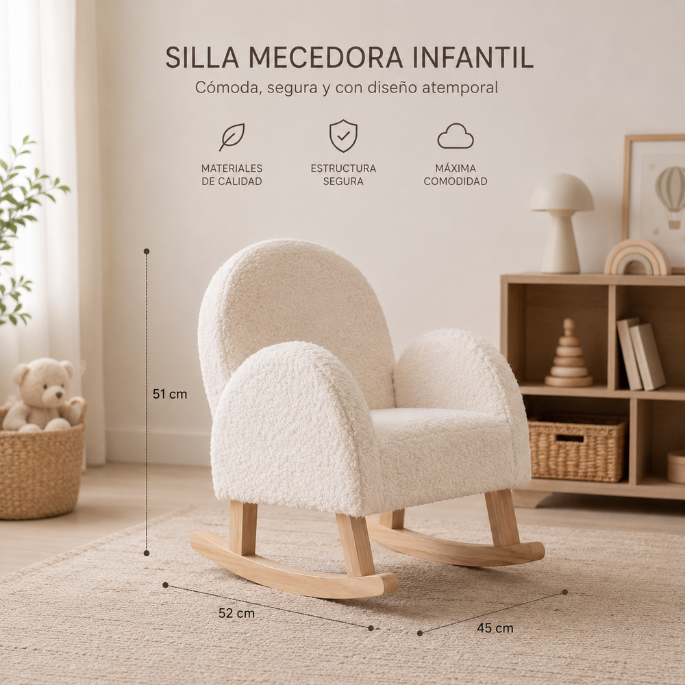 Sofá mecedora infantil blanco con base de madera, poltrona estilo nórdico