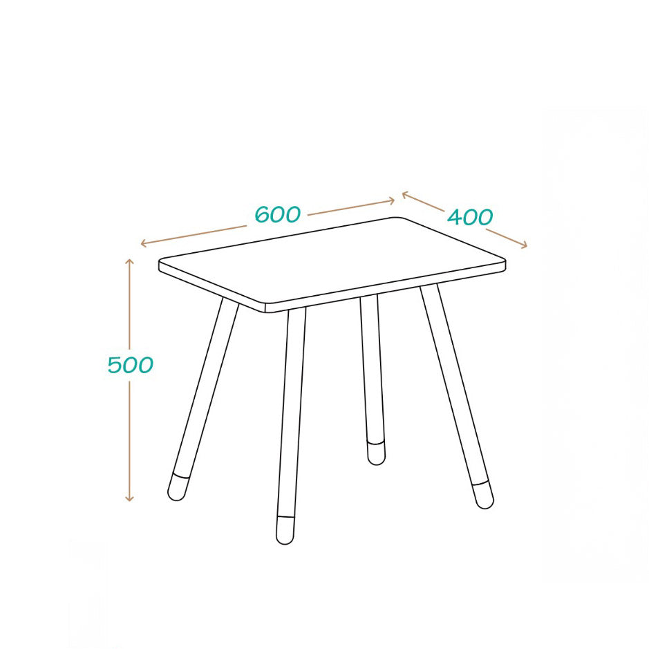 Medidas de mesa infantil blanca y madera: 50 cm de alto, 60 cm de largo y 40 cm de ancho