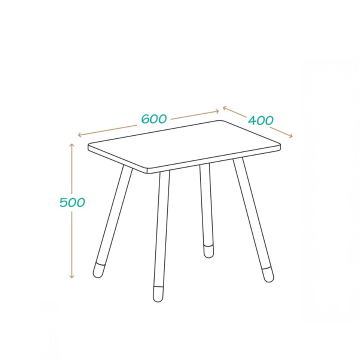 Medidas de mesa infantil blanca y madera: 50 cm de alto, 60 cm de largo y 40 cm de ancho
