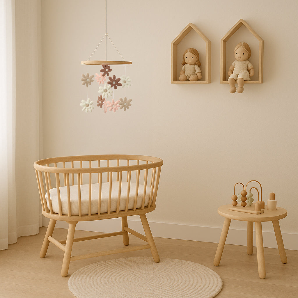 Móvil de flores de madera y tela para cuna de bebé, estimulación visual