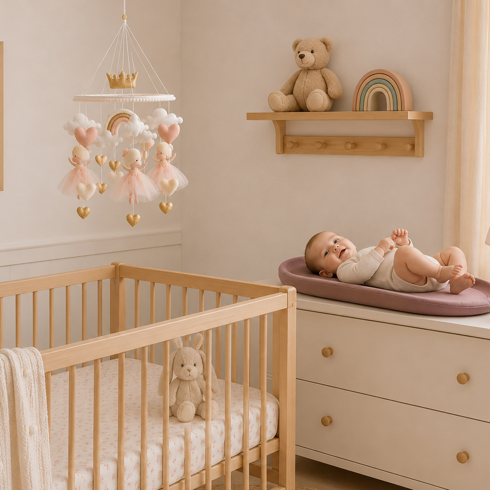 Móvil bebé princesas de madera para cuna, decoración infantil nórdica