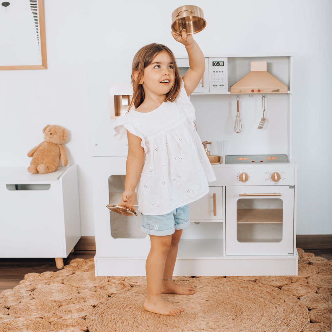 Cocina Dominga de madera con luz y sonido para niños, juego de rol Montessori