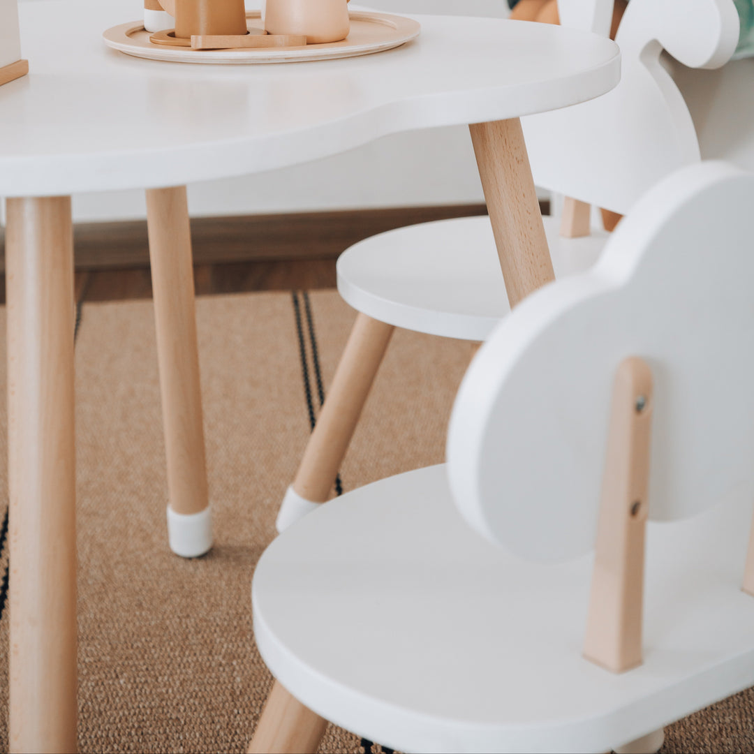 Mesa de madera blanca para niños con sillas de diseño nube y conejo, muebles de calidad para niños