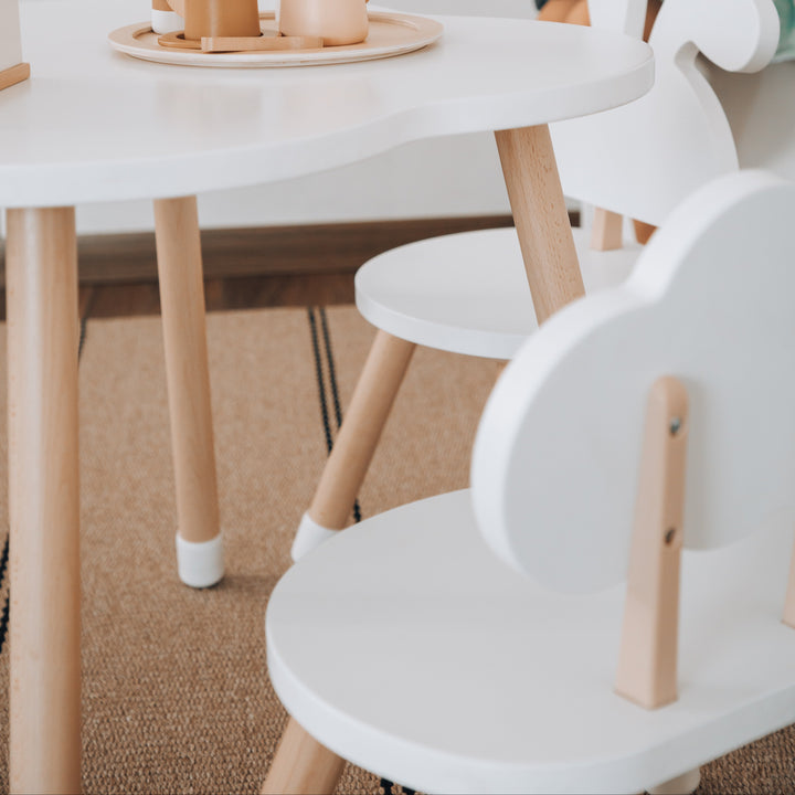 Mesa de madera blanca para niños con sillas de diseño nube y conejo, muebles de calidad para niños