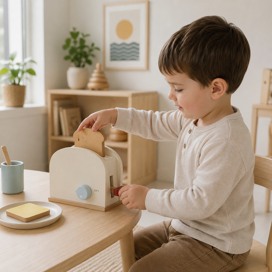 Tostadora de juguete de madera color crema para niños, cocina infantil Montessori