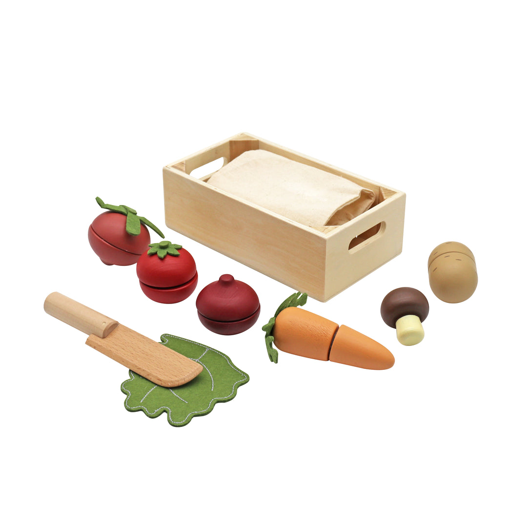 Juguetes de madera didácticos: set de verduras para picar con abrojo y cuchillo, marca Roots Wooden Toys