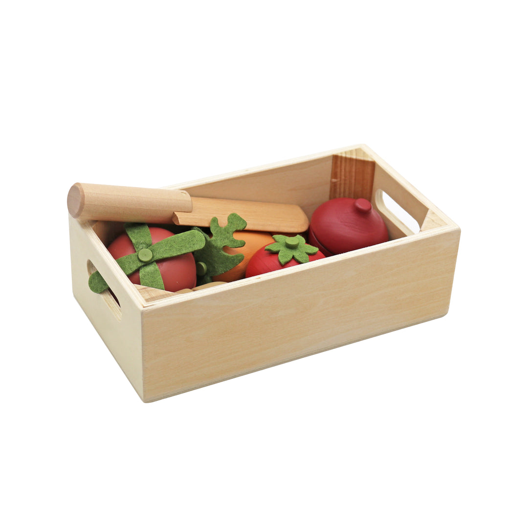Cajón de verduras de madera de juguete Roots Wooden Toys, mini feria para juego simbólico infantil