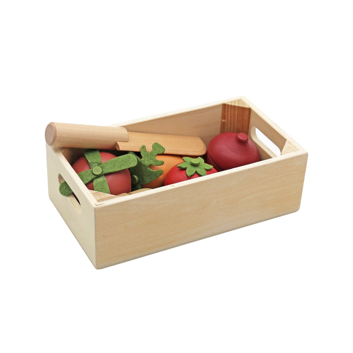 Cajón de verduras de madera de juguete Roots Wooden Toys, mini feria para juego simbólico infantil