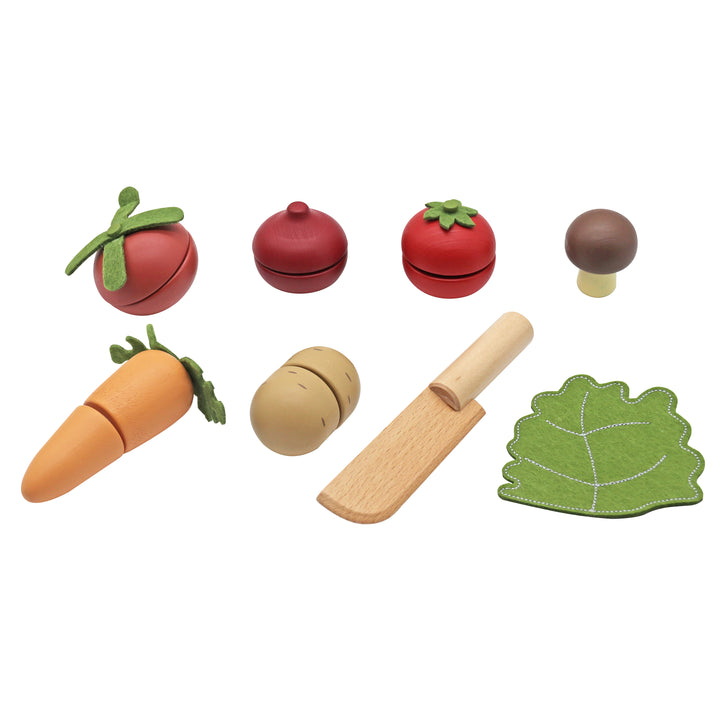 Juguete de madera tipo Montessori de verduras para picar: incluye zanahoria, tomate, cebolla, champiñón, papa y lechuga con cuchillo de madera