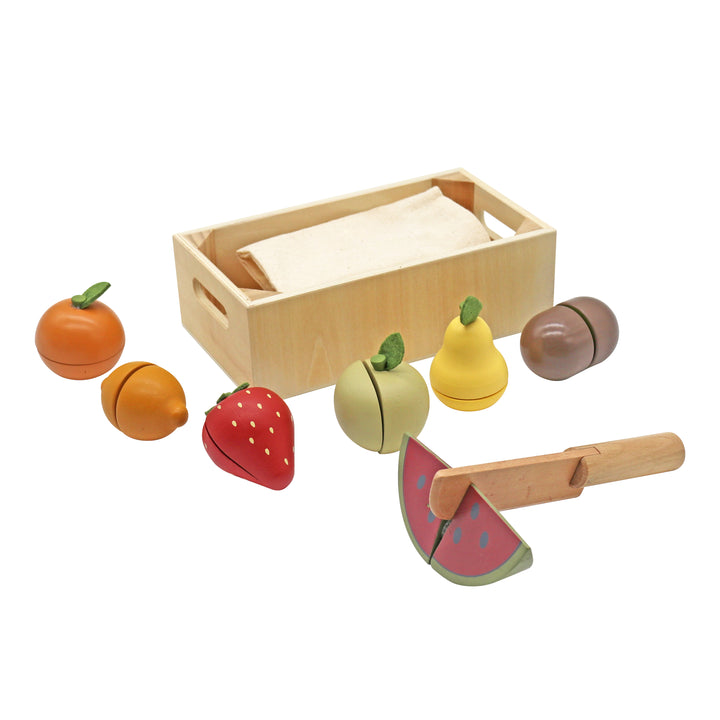 Frutas de madera de juguete: sandía, naranja, frutilla, pera y limón con cuchillo de madera y cajón organizador