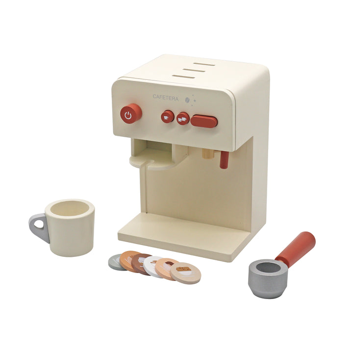 Set completo de cafetera de madera infantil con accesorios, kit de barista para niños