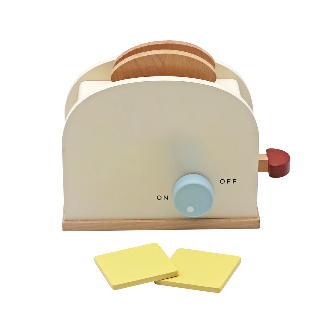 Juguete de madera tostadora blanca con perilla celeste y palanca roja, juego didáctico para niños
