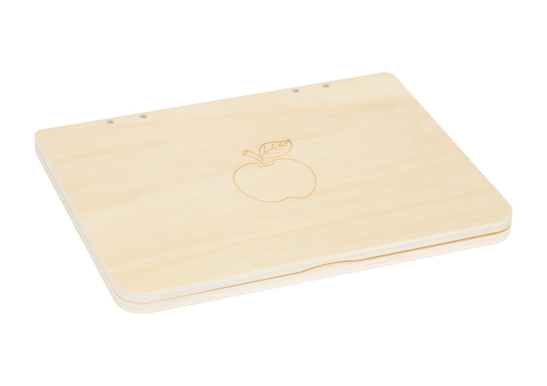 Laptop de madera de juguete cerrado con diseño de manzana, juguete sustentable y portátil