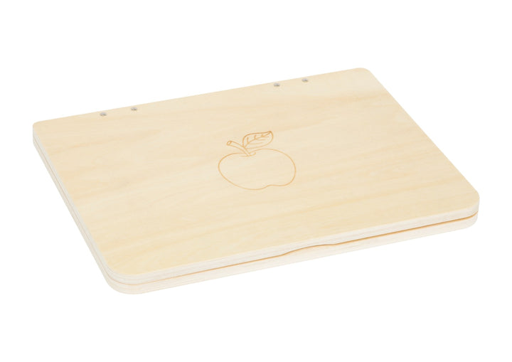 Laptop de madera de juguete cerrado con diseño de manzana, juguete sustentable y portátil