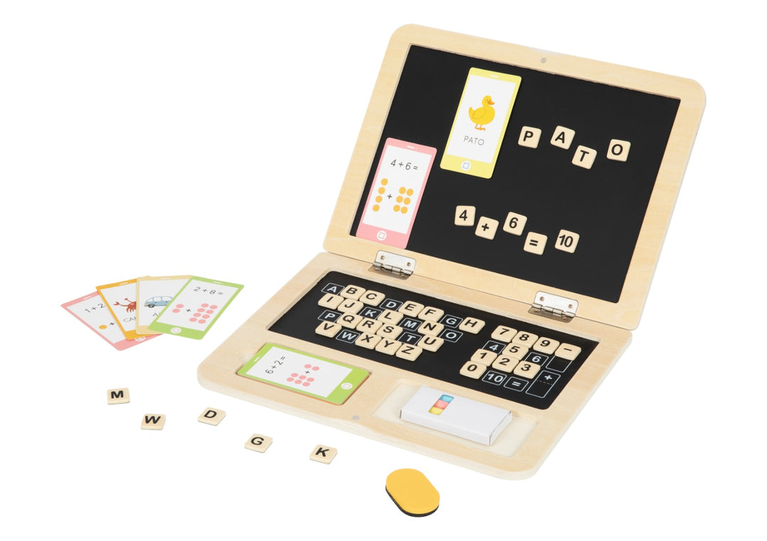 Laptop de madera didáctica para niños con pizarra magnética, abecedario y números, juguete educativo Montessori