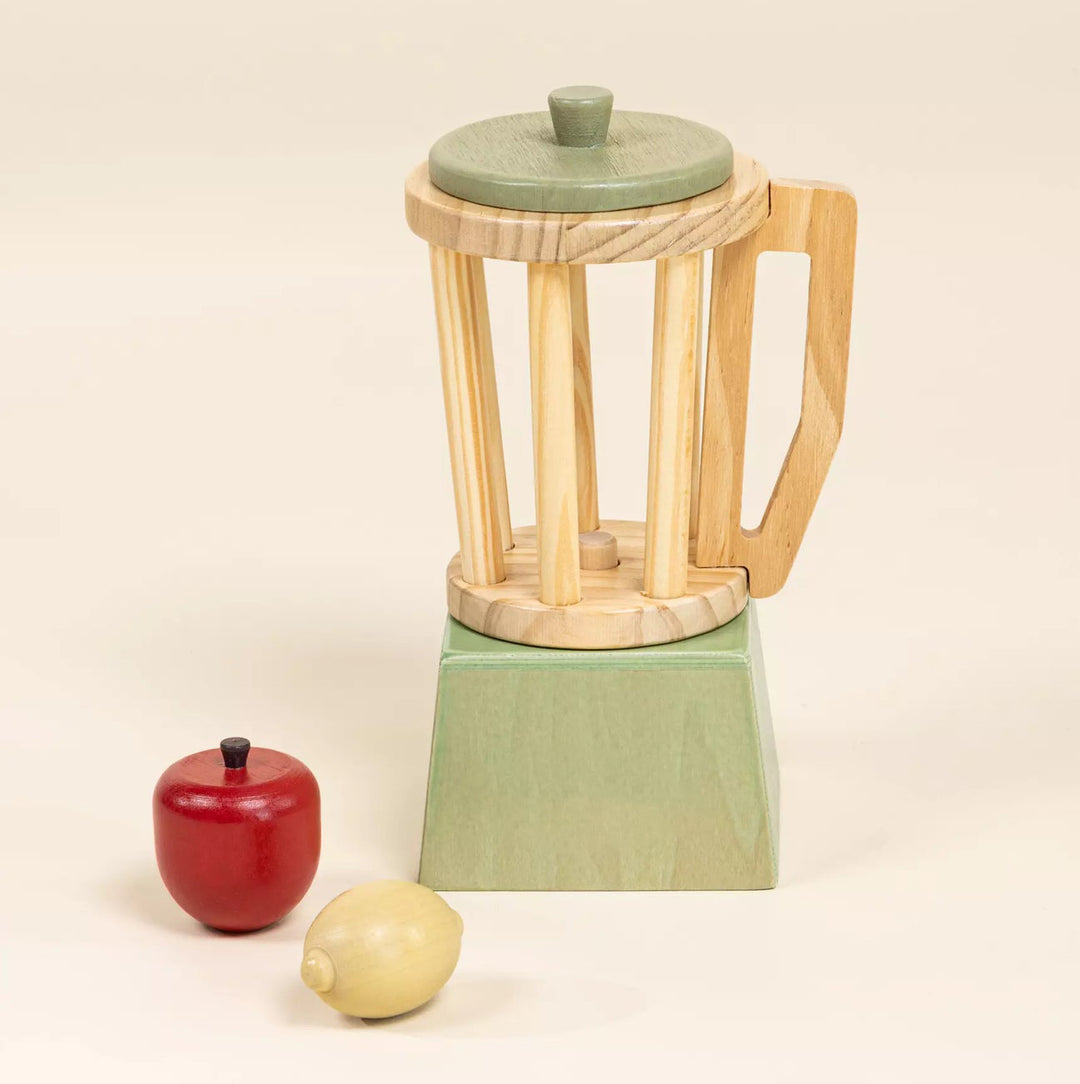 Juguete didáctico de madera: licuadora verde agua y frutas, fomenta la creatividad y motricidad fina