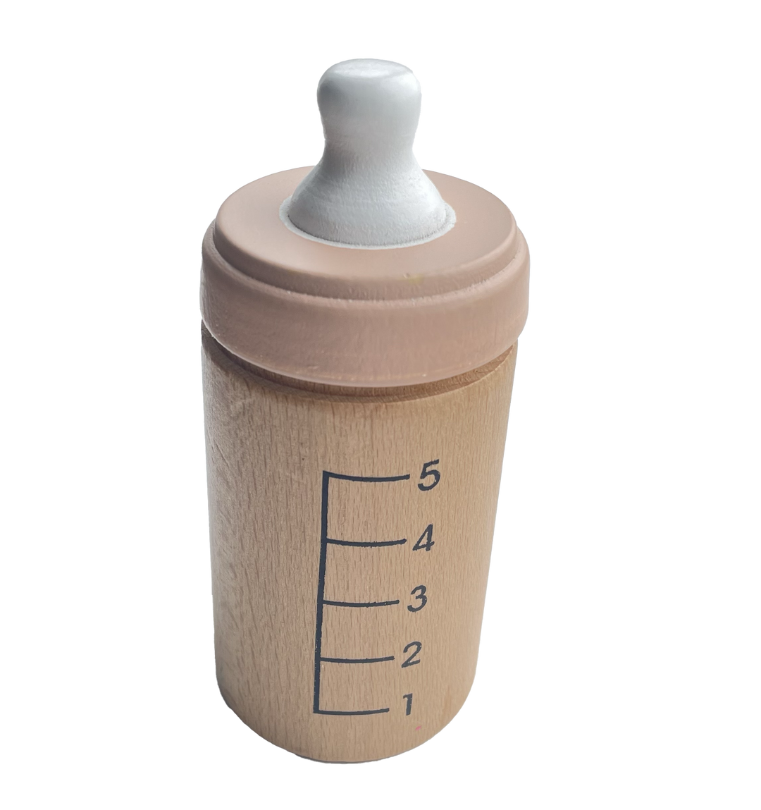 Mamadera de madera de juguete con escala de medidas, accesorio para muñecas de material natural y ecológico