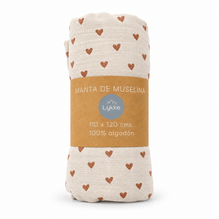 Muselina de algodón con estampado de corazones Lykke en su empaque