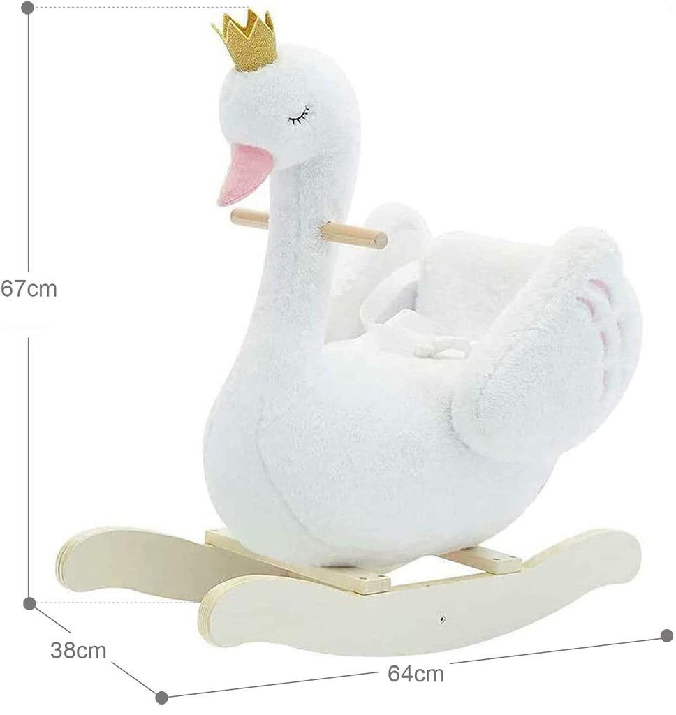 Detalle del balancín cisne de madera y felpa para niños estilo nórdico