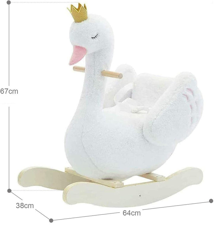 Detalle del balancín cisne de madera y felpa para niños estilo nórdico