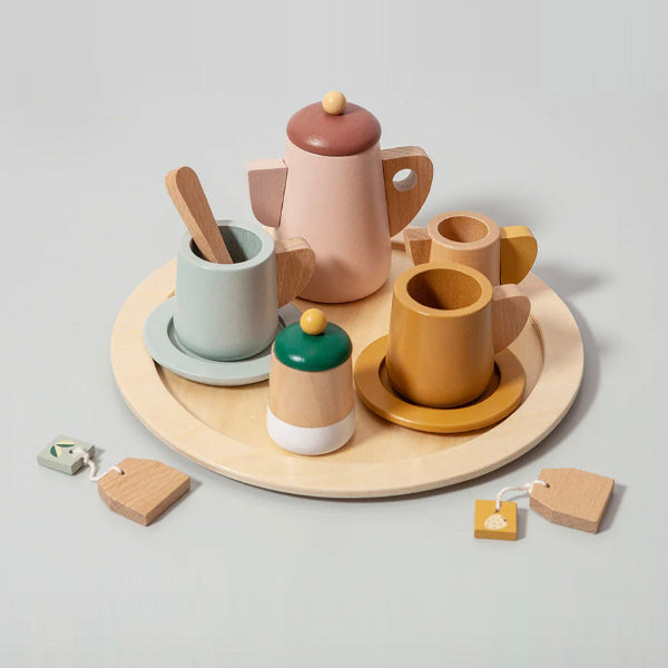 Set de té de madera de juguete completo con bolsitas de té y tazas, estilo Waldorf