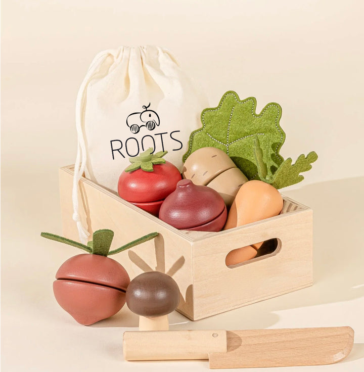 Set de verduras de madera Roots Wooden Toys para niños, juguete didáctico para picar