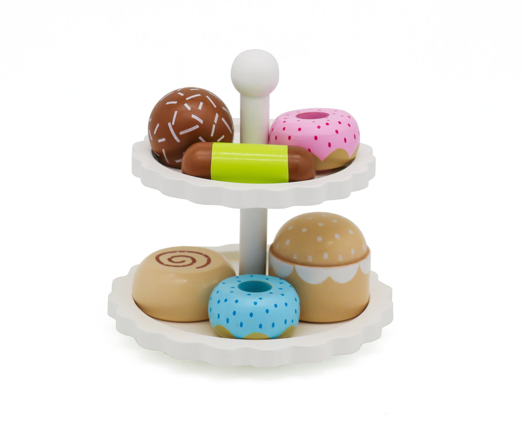 "Stand de repostería de madera con donas y cupcakes de juguete, set de té didáctico para niños